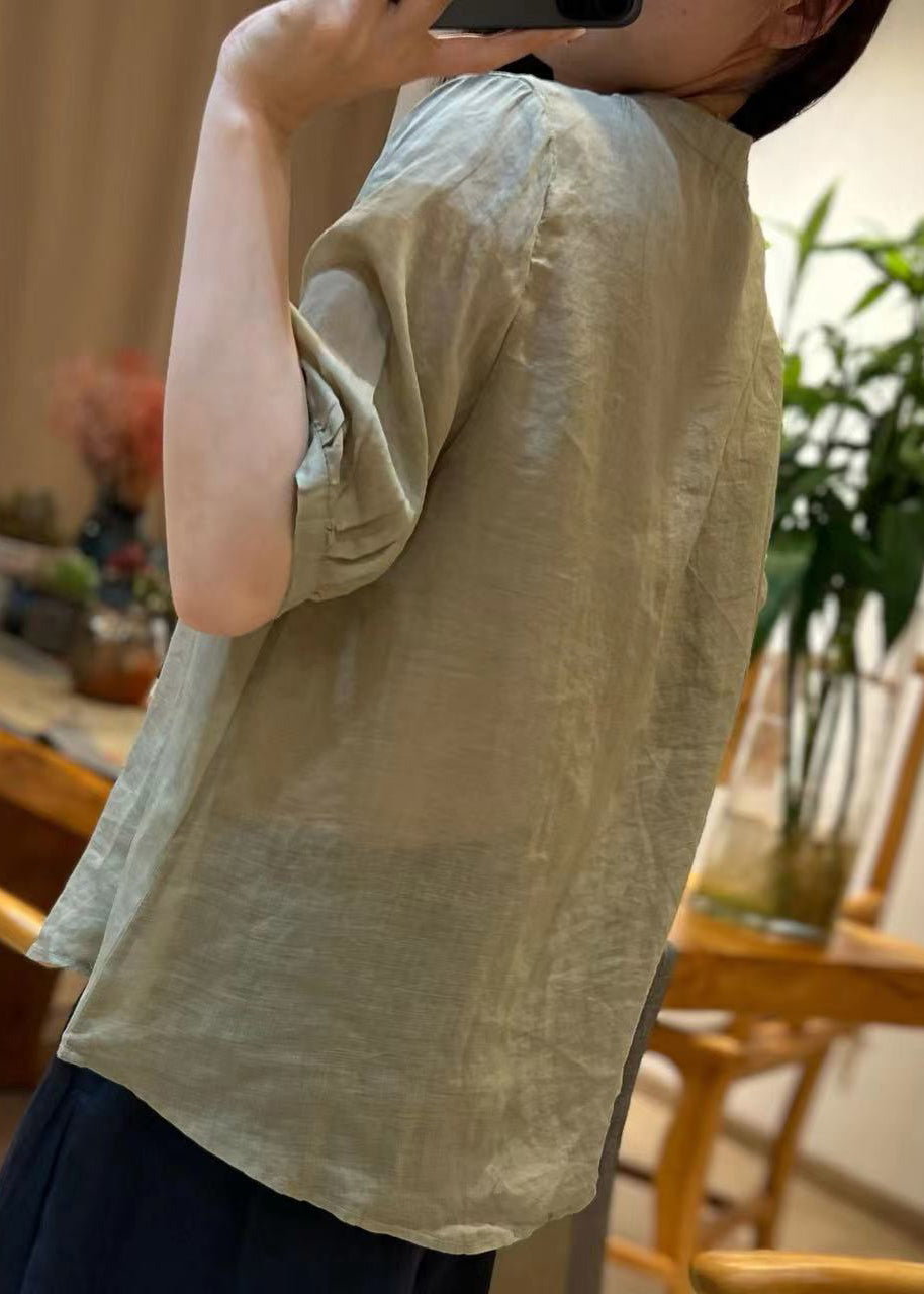 New Green Stand Collar Print Patchwork Linen Shirt Half Sleeve