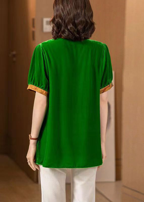 New Green V Neck Print Patchwork Silk Velour Blouses Short Sleeve