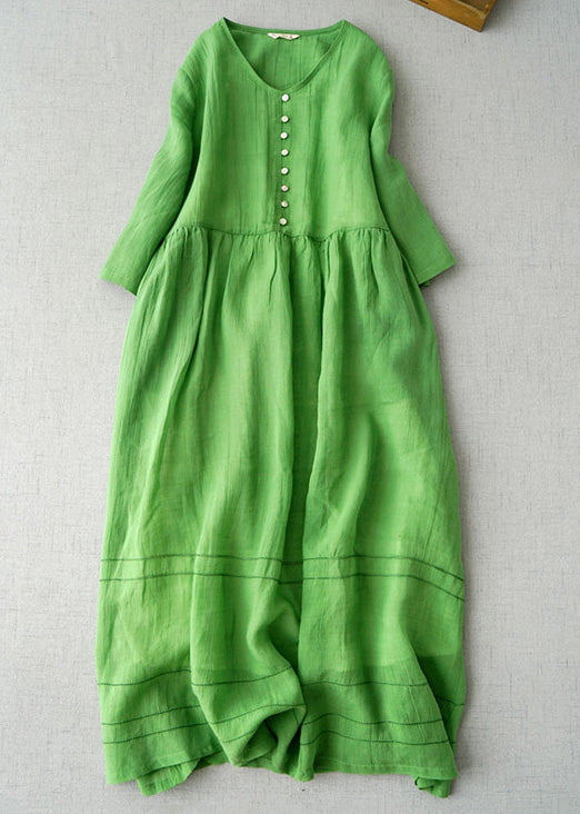 New Green V Neck Solid Linen Long Dress Bracelet Sleeve - Omychic