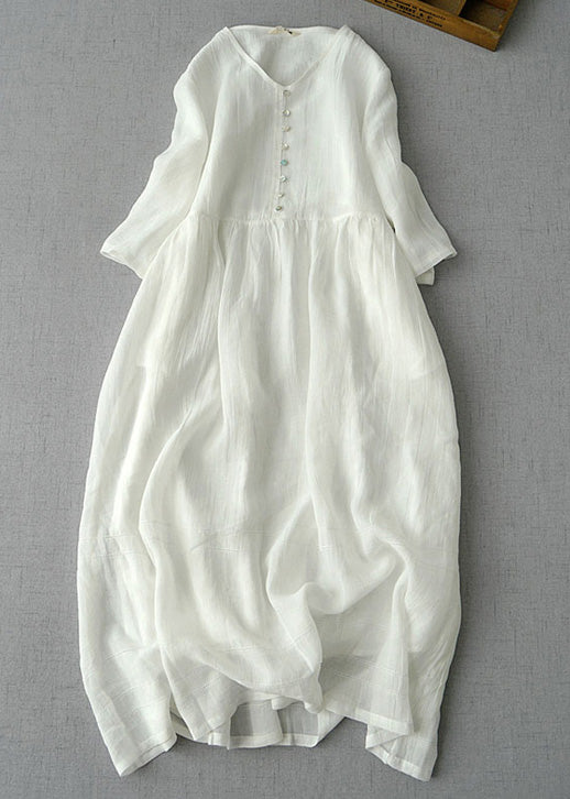 New Green V Neck Solid Linen Long Dress Bracelet Sleeve - Omychic