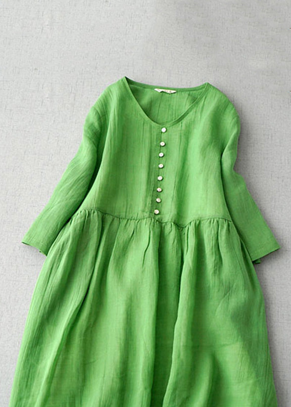 New Green V Neck Solid Linen Long Dress Bracelet Sleeve - Omychic