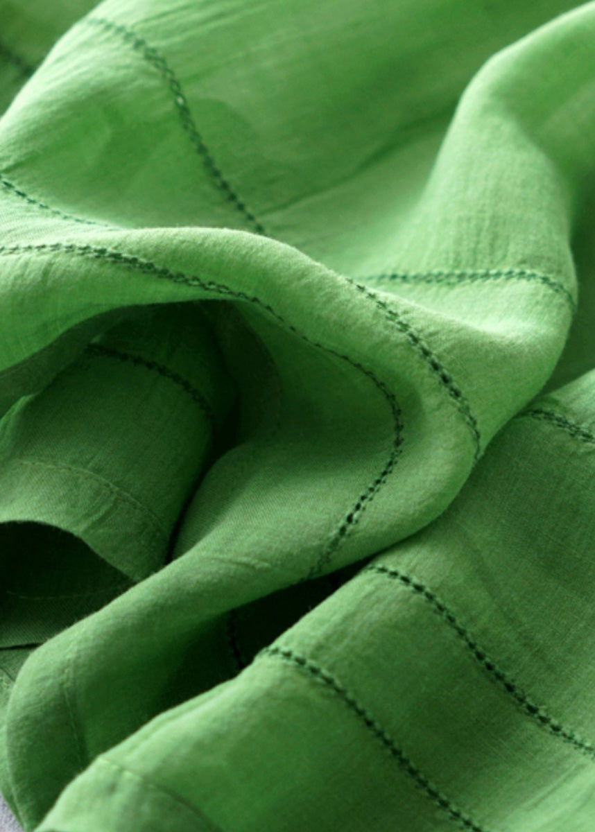 New Green V Neck Solid Linen Long Dress Bracelet Sleeve - Omychic