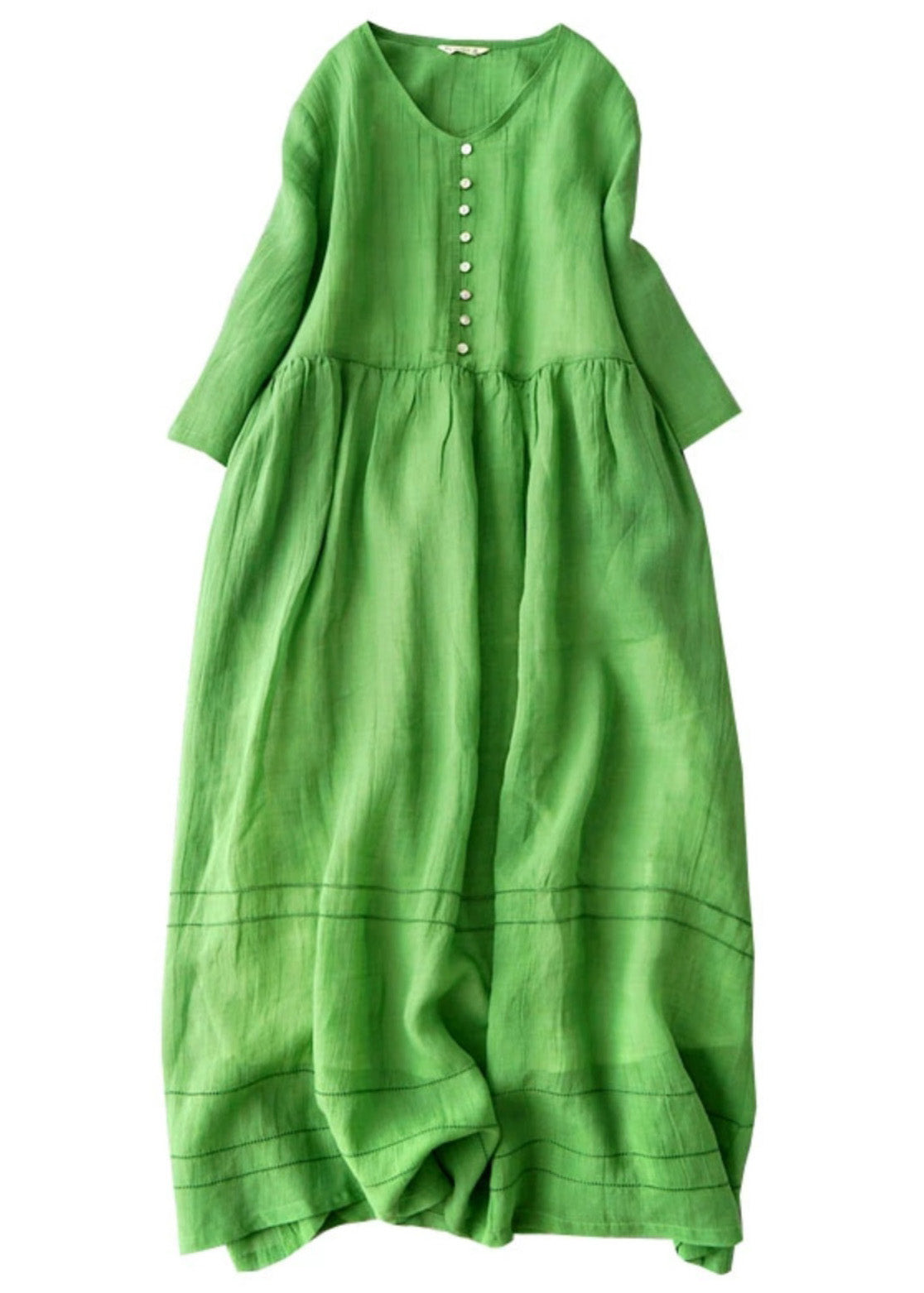 New Green V Neck Solid Linen Long Dress Bracelet Sleeve - Omychic