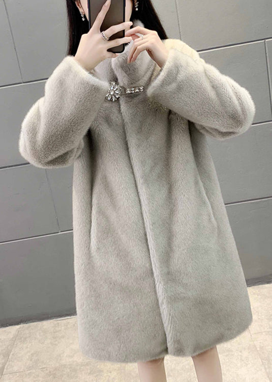 New Grey Stand Button Collar Patchwork Fuzzy Fur Fluffy Coats Winter