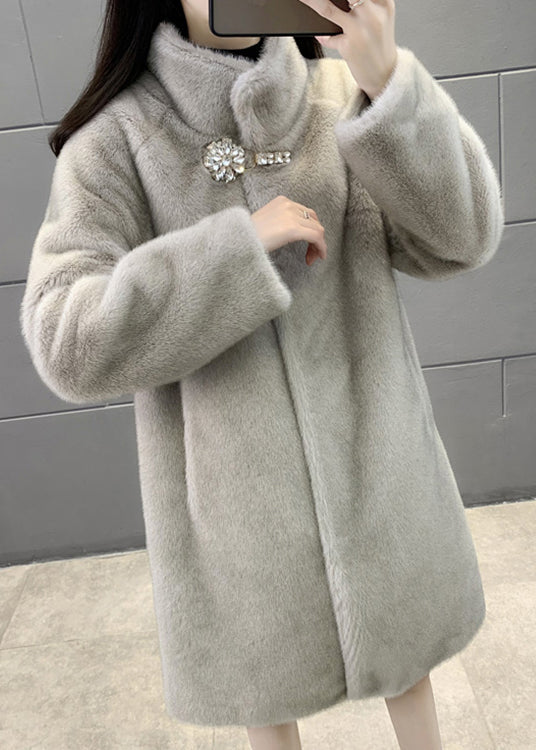 New Grey Stand Button Collar Patchwork Fuzzy Fur Fluffy Coats Winter