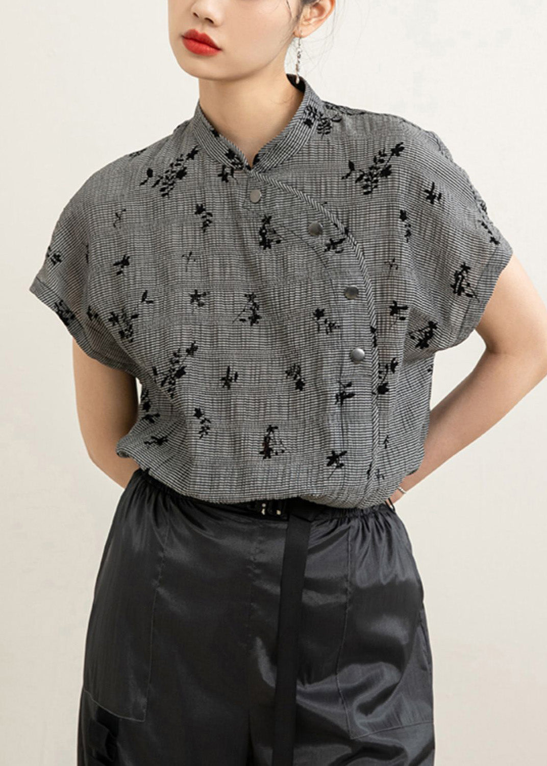 New Grey Stand Collar Button Print Cotton T Shirt Half Sleeve