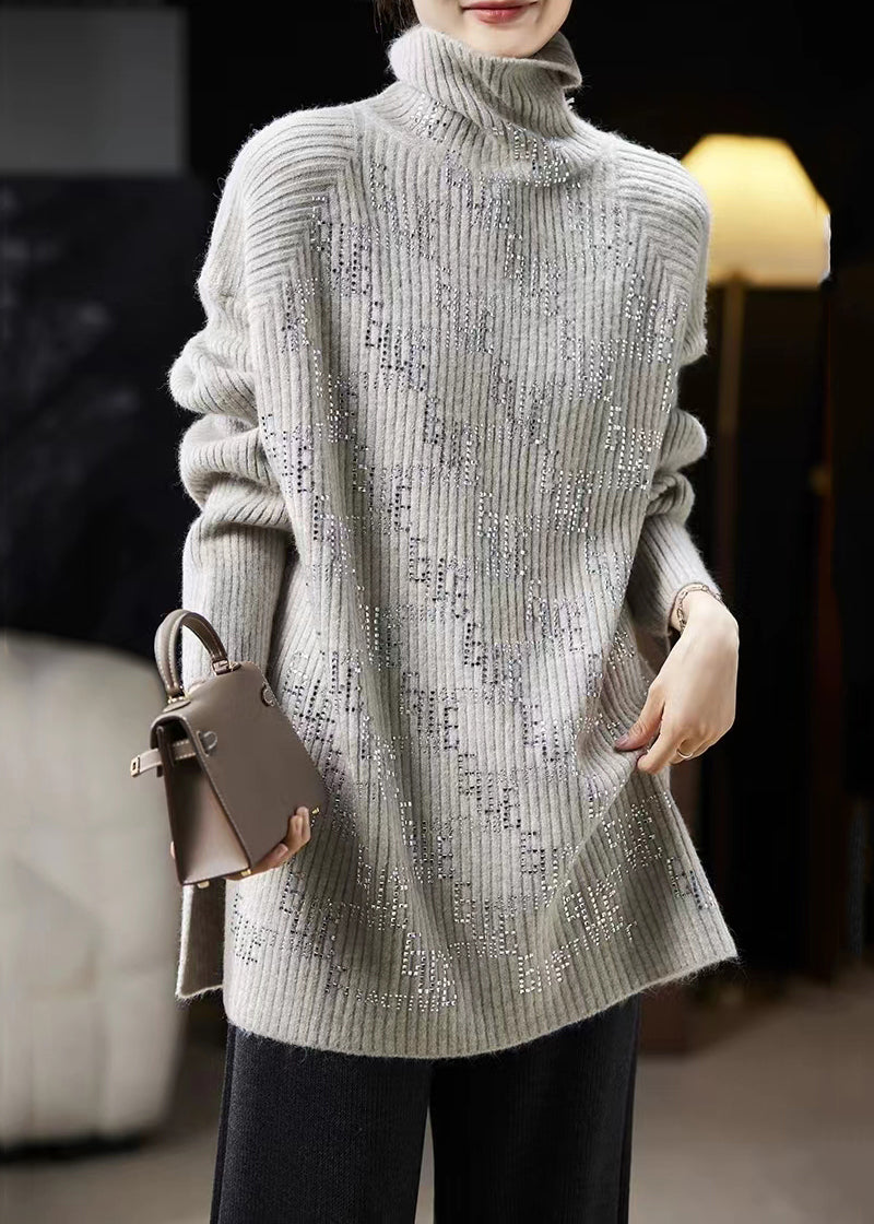 New Grey Turtleneck Zircon Side Open Knit Sweaters Long Sleeve