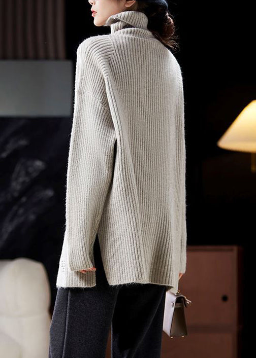 New Grey Turtleneck Zircon Side Open Knit Sweaters Long Sleeve