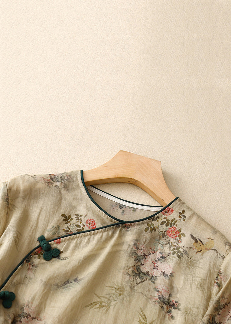 New Khaki Button Print Patchwork Cotton Blouses Spring