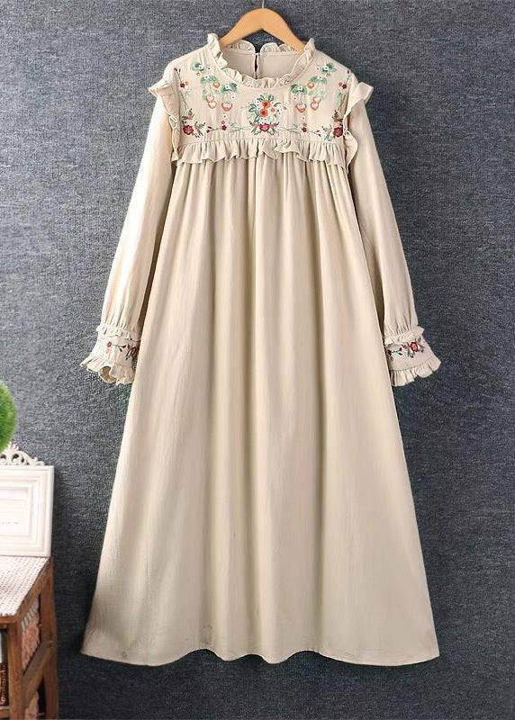 New Khaki Embroidered Ruffled Cotton Long Dresses Spring
