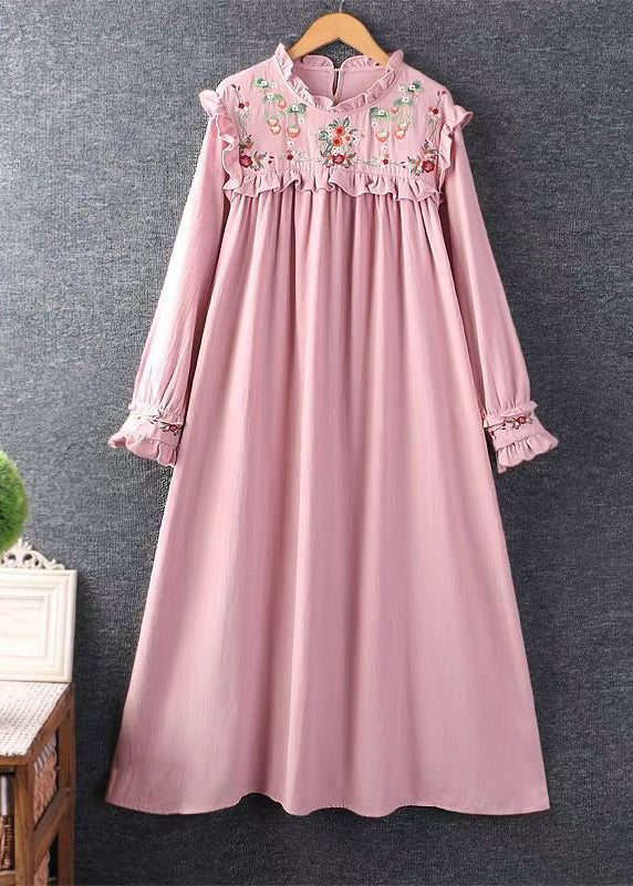 New Khaki Embroidered Ruffled Cotton Long Dresses Spring
