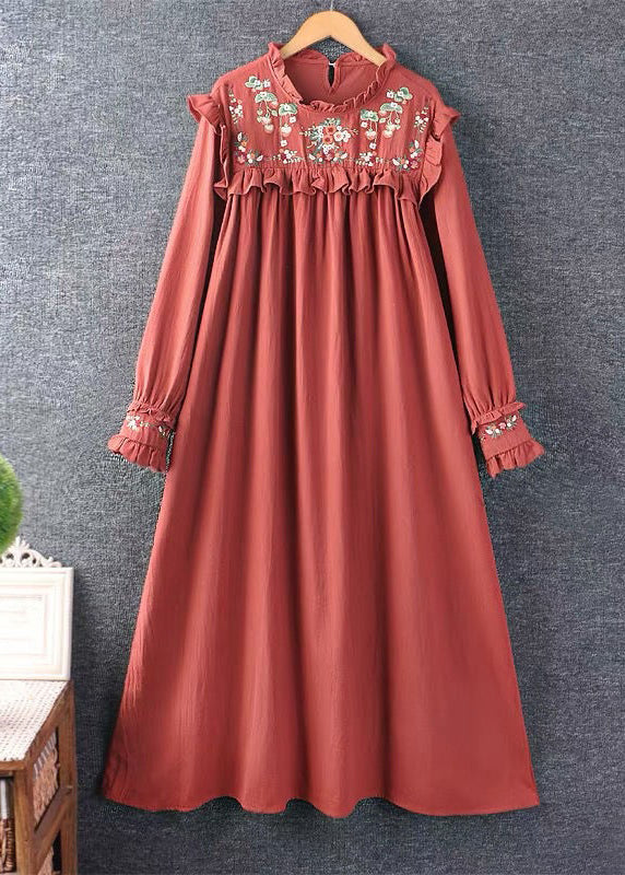 New Khaki Embroidered Ruffled Cotton Long Dresses Spring
