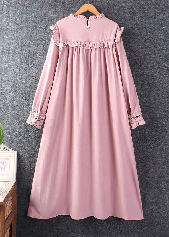 New Khaki Embroidered Ruffled Cotton Long Dresses Spring