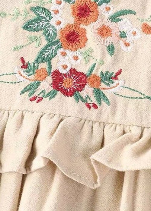 New Khaki Embroidered Ruffled Cotton Long Dresses Spring