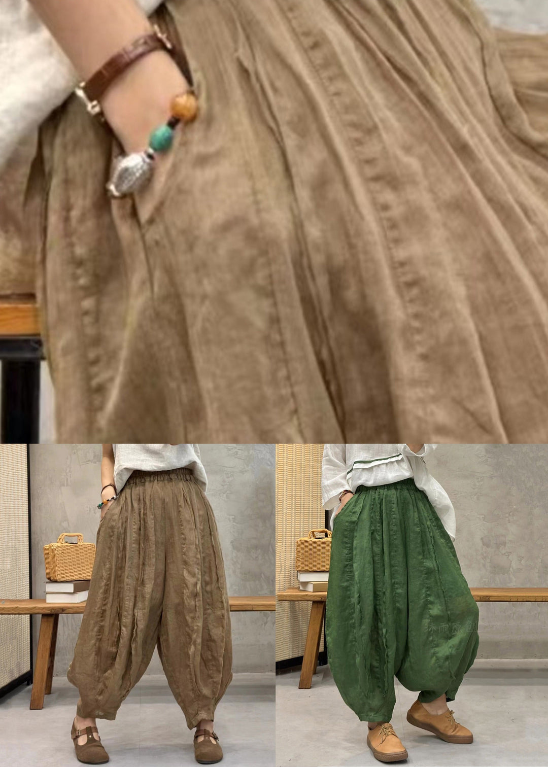 New Khaki Pockets High Waist Thin Linen Crop Pants Spring