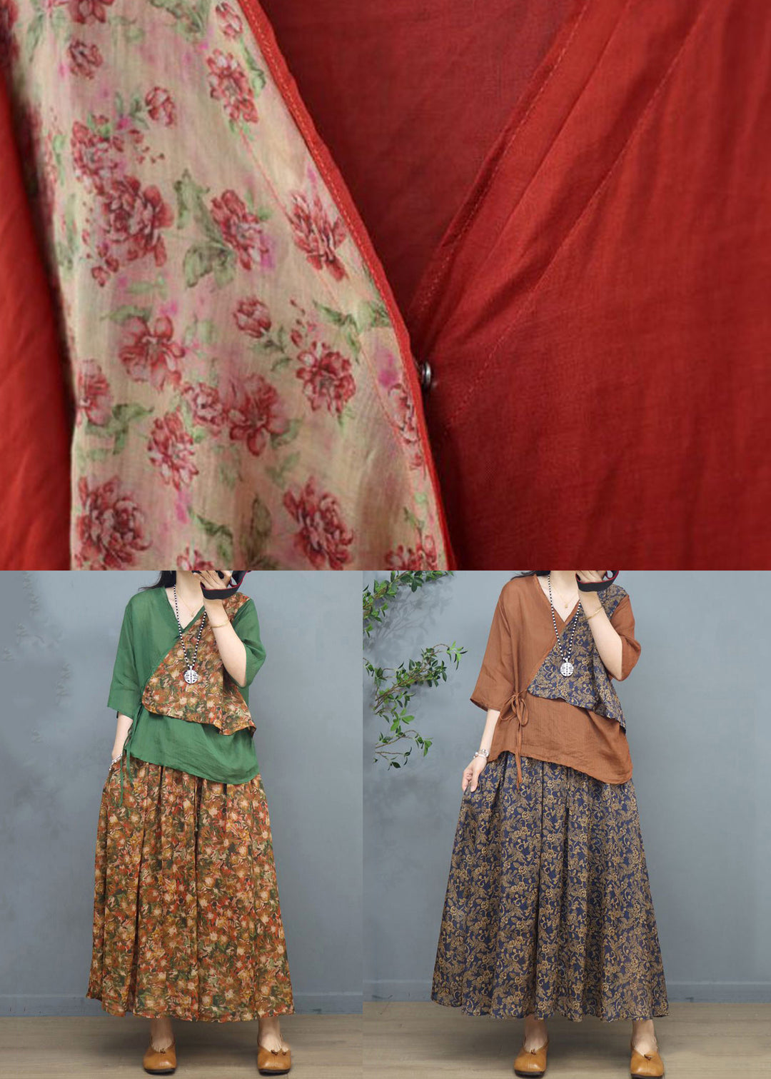 New Khaki Print Patchwork Tops And Skirts Cotton Two Pieces Set  Summer