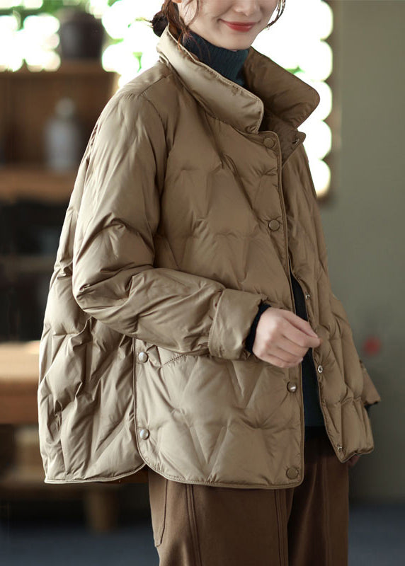 New Khaki Stand Collar Button Pockets Duck Down Coat Long Sleeve - Omychic