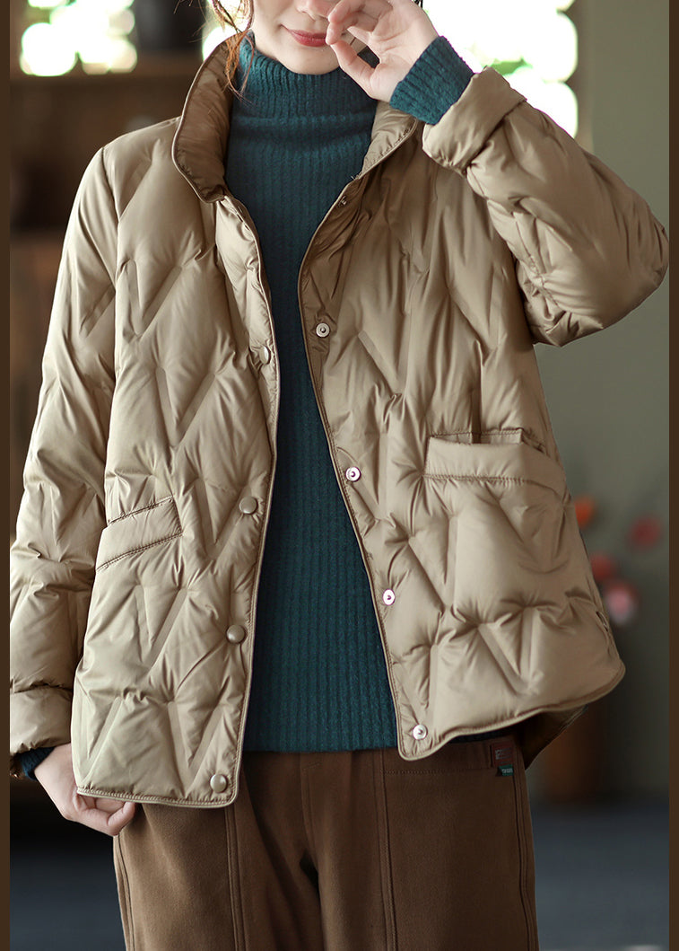 New Khaki Stand Collar Button Pockets Duck Down Coat Long Sleeve - Omychic
