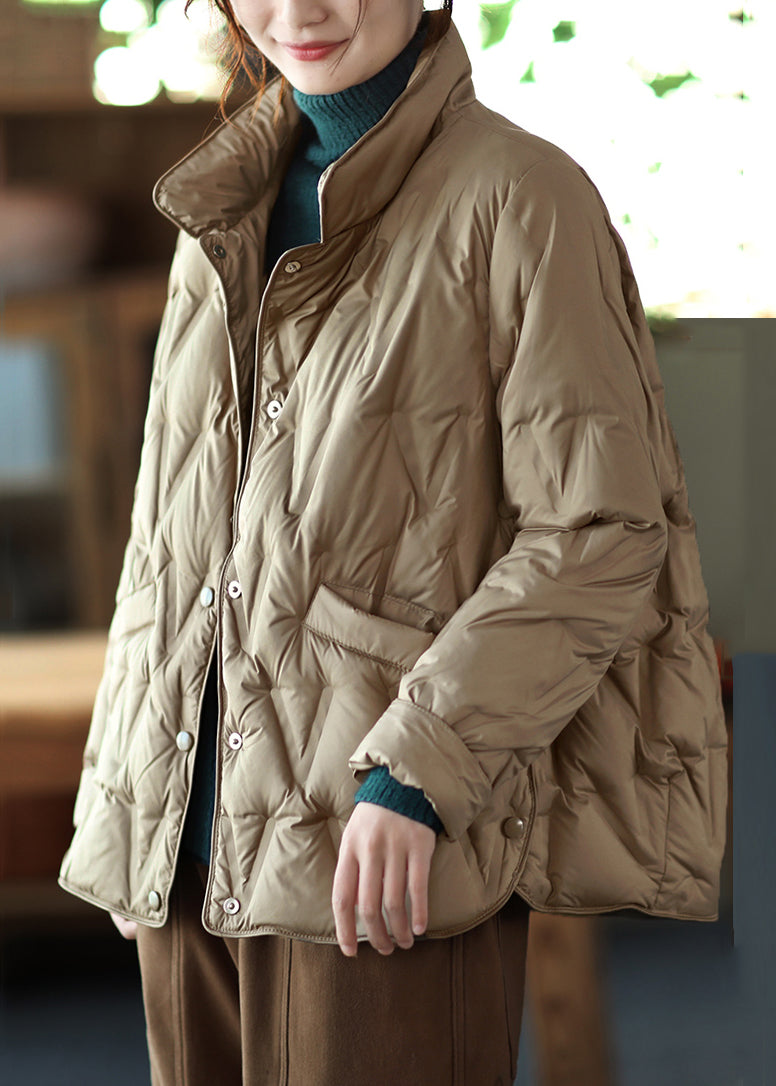 New Khaki Stand Collar Button Pockets Duck Down Coat Long Sleeve - Omychic