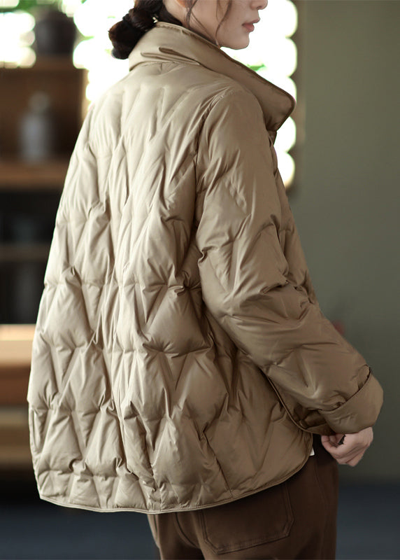 New Khaki Stand Collar Button Pockets Duck Down Coat Long Sleeve - Omychic
