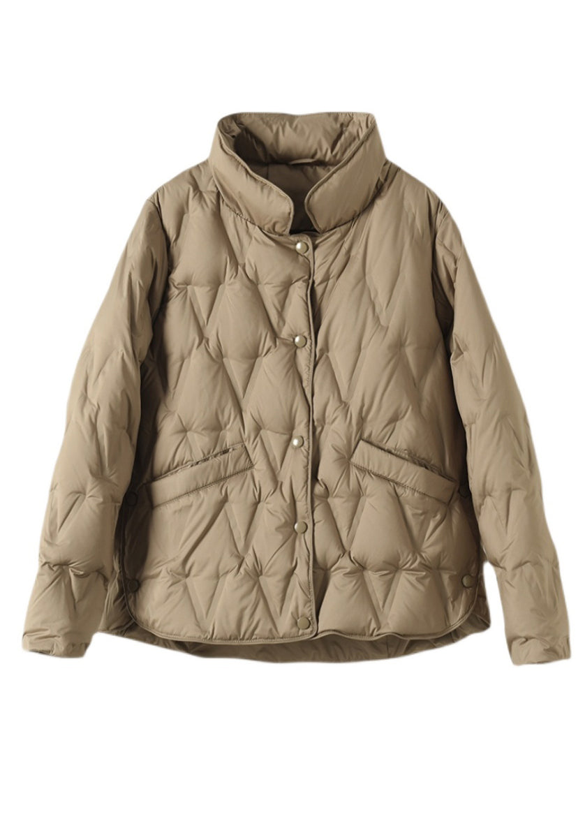 New Khaki Stand Collar Button Pockets Duck Down Coat Long Sleeve - Omychic