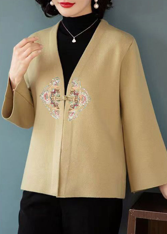 New Khaki V Neck Embroideried Patchwork Wool Coats Fall