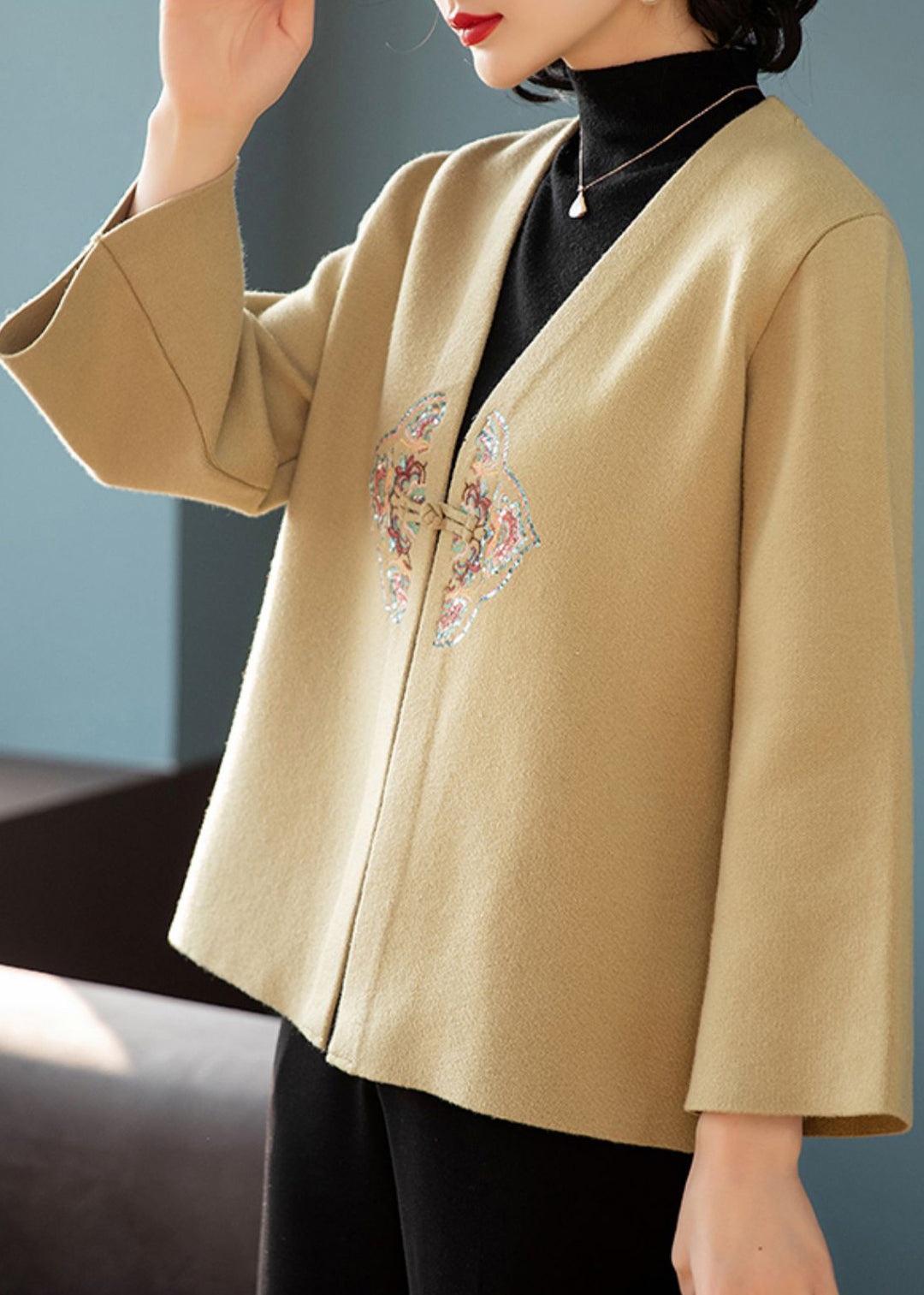 New Khaki V Neck Embroideried Patchwork Wool Coats Fall