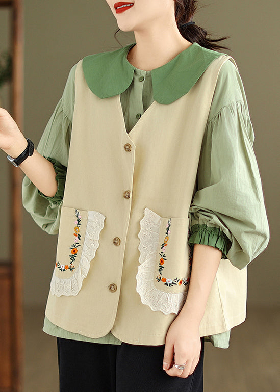 New Khaki Waistcoat And Green Ruffled Blouses Cotton 2 Piece Outfit Fall