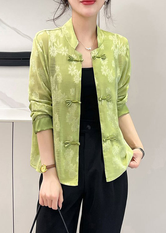 New Light Green Chinese Button Patchwork Blouse Top Fall