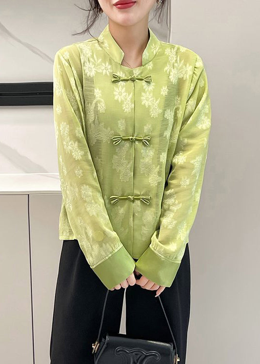 New Light Green Chinese Button Patchwork Blouse Top Fall