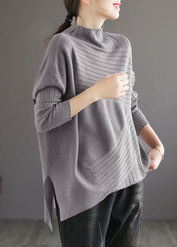 New Light Grey Grey Turtleneck Side Open Knit Sweater Winter