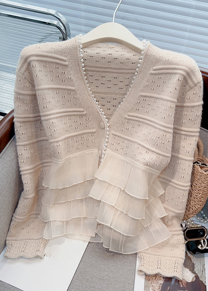New Light Khaki Ruffled Pearl Patchwork Knit Cardigan Spring - Omychic
