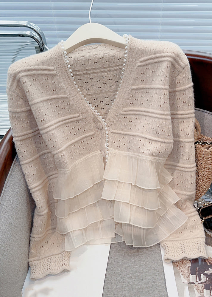 New Light Khaki Ruffled Pearl Patchwork Knit Cardigan Spring - Omychic