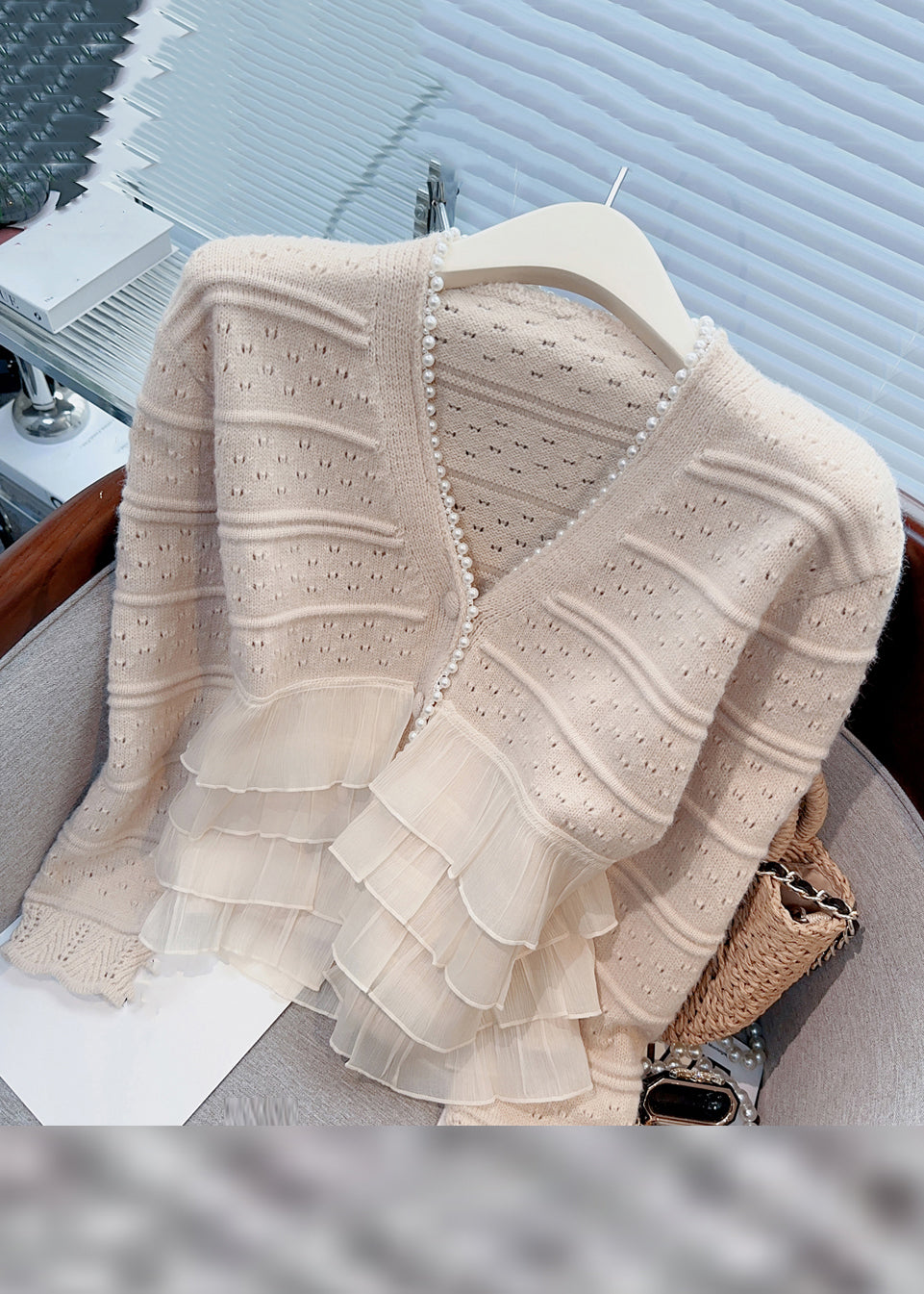 New Light Khaki Ruffled Pearl Patchwork Knit Cardigan Spring