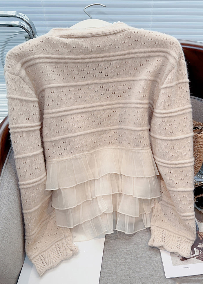New Light Khaki Ruffled Pearl Patchwork Knit Cardigan Spring - Omychic