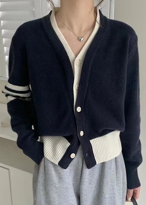 New Navy Button Patchwork False Two Pieces Cotton Knit Coats Fall