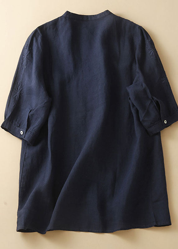 New Navy Embroideried Button Patchwork Linen Shirt Top Summer