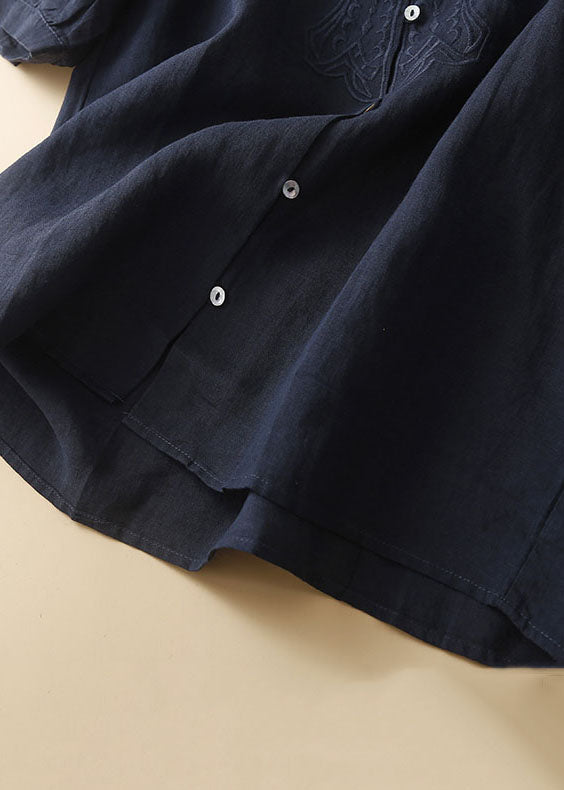 New Navy Embroideried Button Patchwork Linen Shirt Top Summer