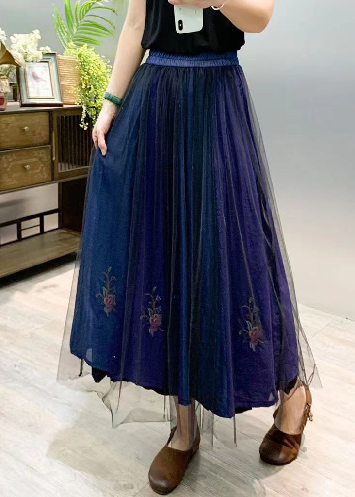 New Navy Embroideried Wrinkled Patchwork Tulle Skirts Summer
