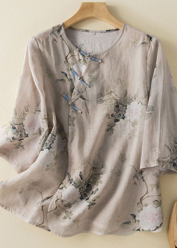 New O-Neck Print Chinese Button Patchwork Linen Shirt Summer