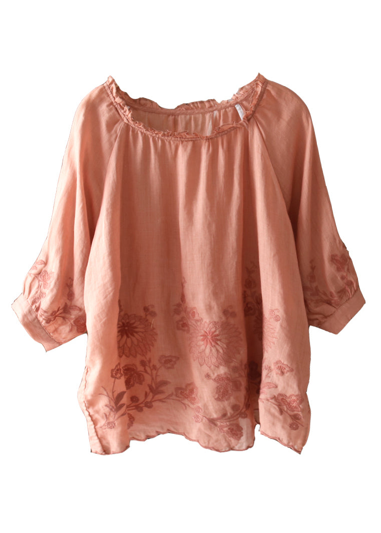 New Orange Ruffled Embroidered Linen T Shirt Half Sleeve