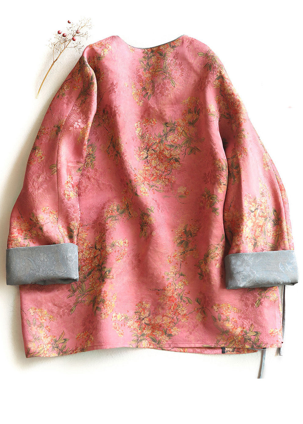 New Pink Button Print Lace Up Silk Coats Spring