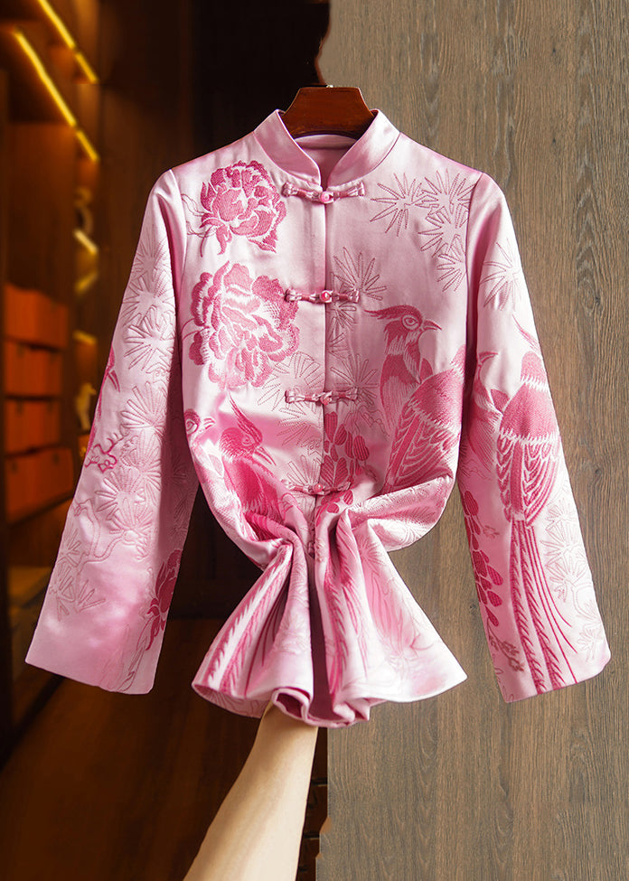 New Pink Embroideried Button Patchwork Silk Coats Fall