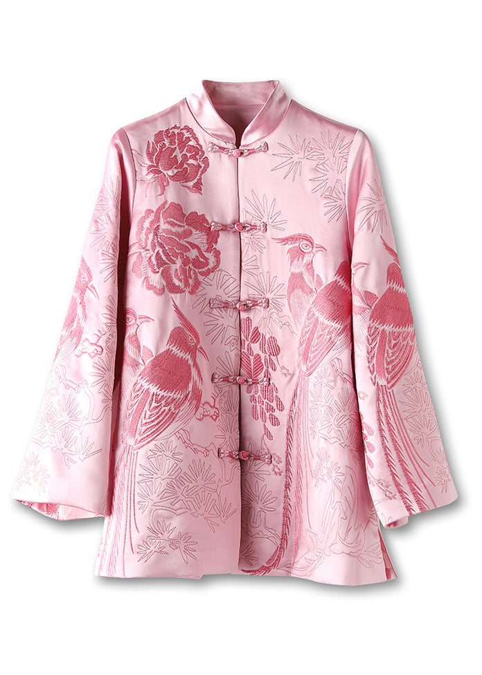 New Pink Embroideried Button Patchwork Silk Coats Fall