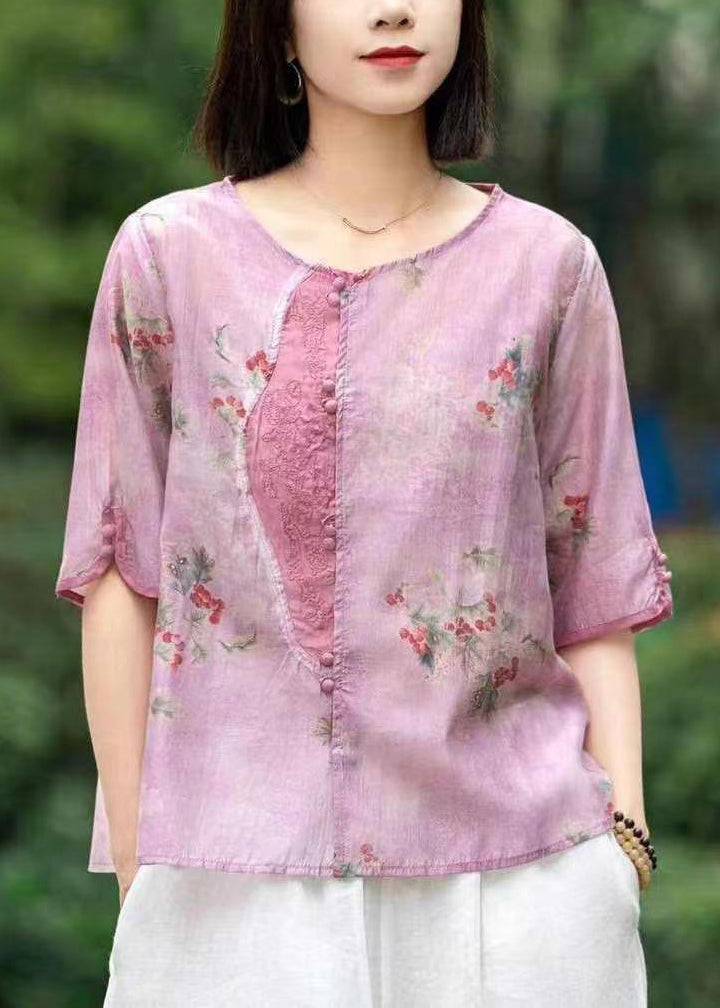 New Pink Embroideried Print Patchwork Linen T Shirt Half Sleeve