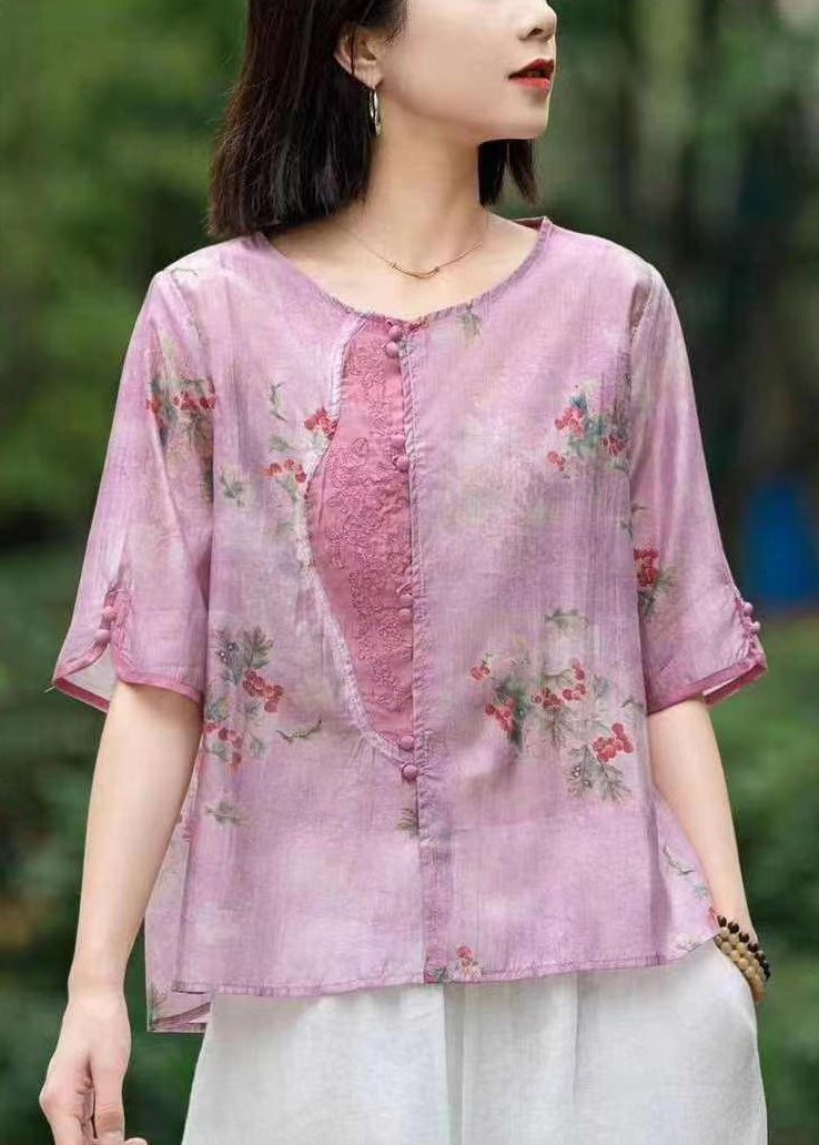 New Pink Embroideried Print Patchwork Linen T Shirt Half Sleeve