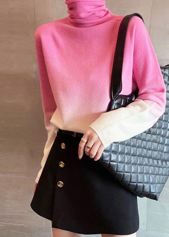 New Pink Gradient Color Turtleneck Patchwork Cotton Knit Top Fall
