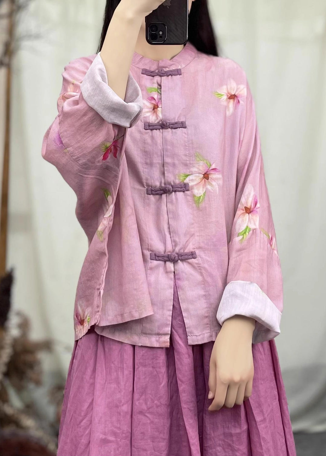 New Pink O Neck Button Patchwork Linen Coat Spring