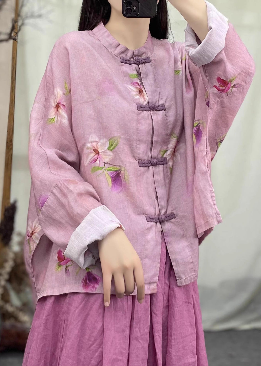 New Pink O Neck Button Patchwork Linen Coat Spring