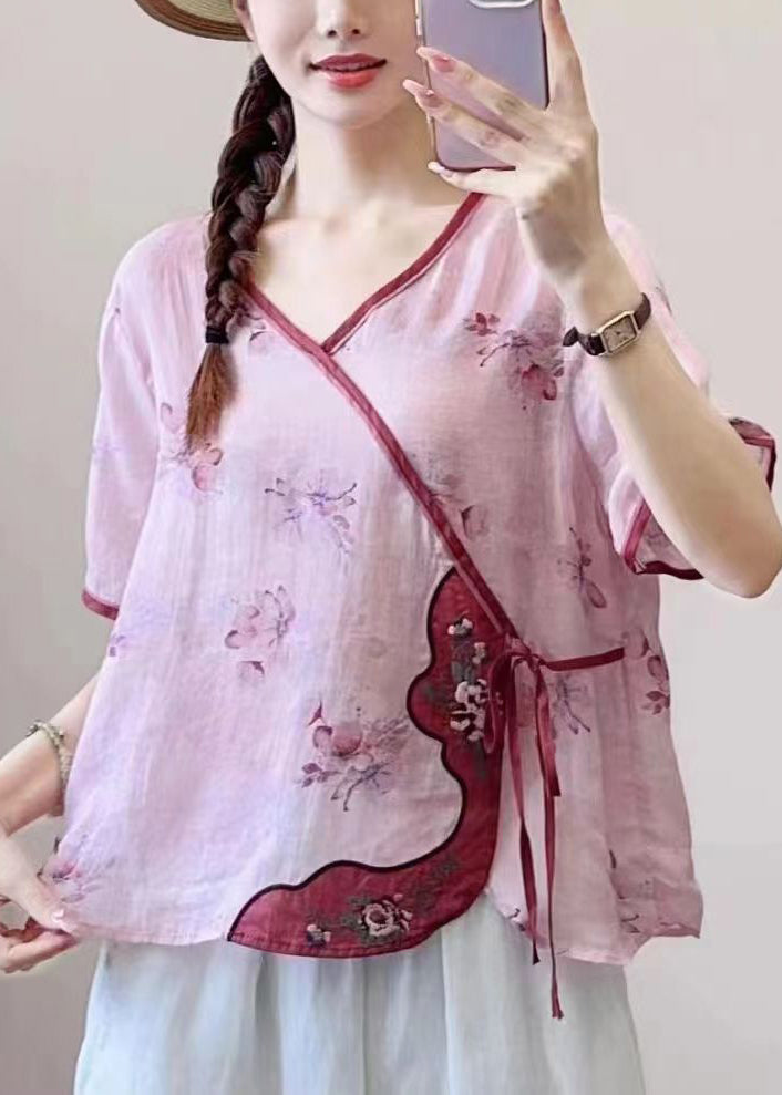 New Pink Print Lace Up Patchwork Linen Shirt Summer